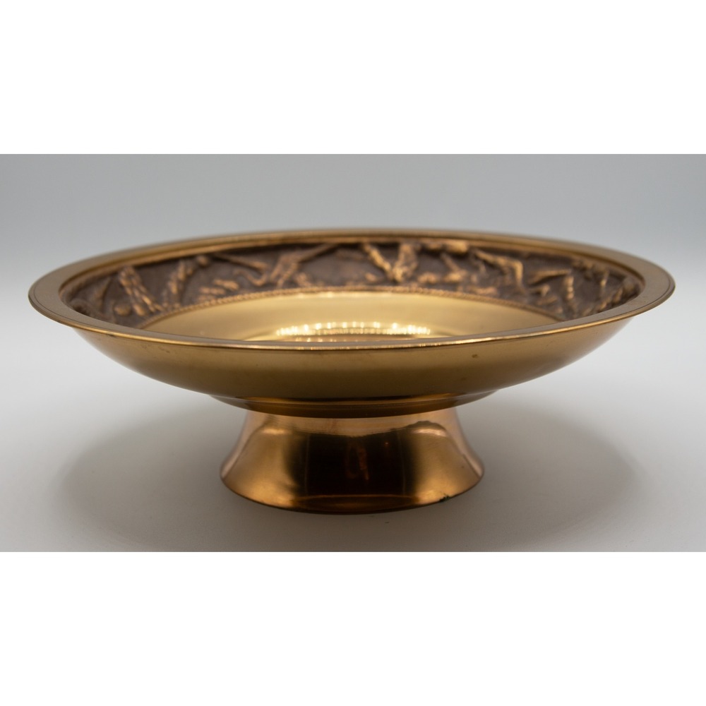 Vintage Brass‎ Pedestal Bowl Embossed Crane Tree Asian Relief Footed Dish 9.5"